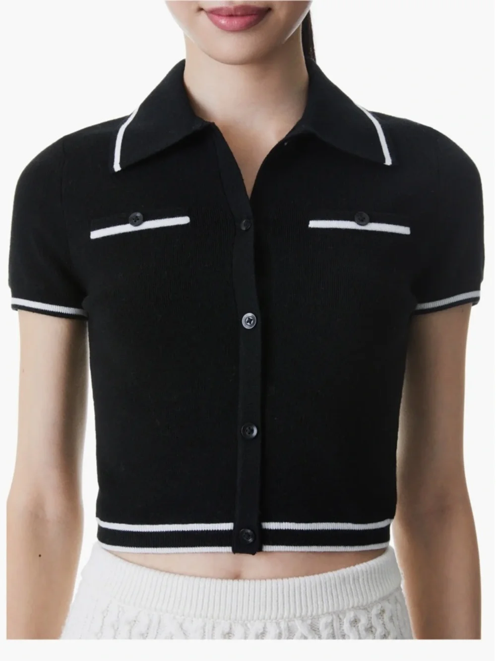 Alice + Olivia Peg Crop Wool Blend Polo Sweater Top Women’s XS Black Preppy